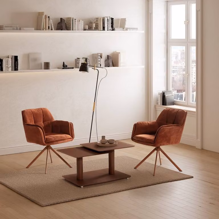 CALICOSY KAYA Swivel Coffee Table with Square Glass Tops in Terracotta and Brown