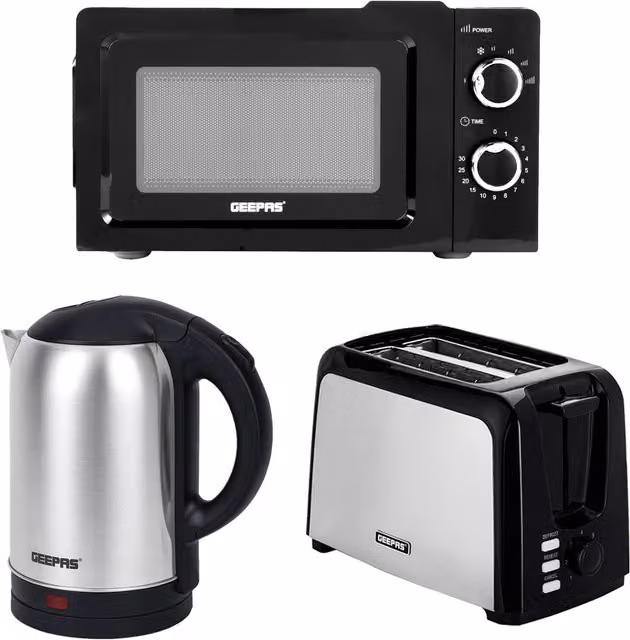 Geepas Black Kitchen Appliance Set including 1.8L Electric Kettle, 2 Slice Bread Toaster and 20L Solo Manual Microwave Oven – 1