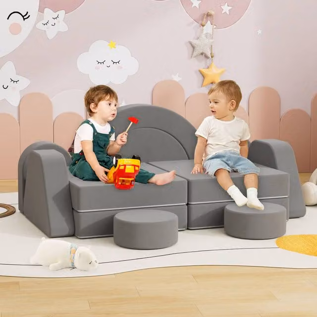 KEEPREAPER Soft Modular Kids Play Couch with Scatter Cushions, Double, Dark Grey