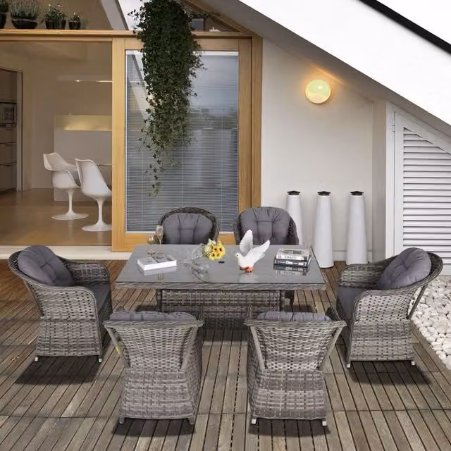 Outsunny 7 Piece Grey Rattan Dining Set with Cushions and Umbrella Hole