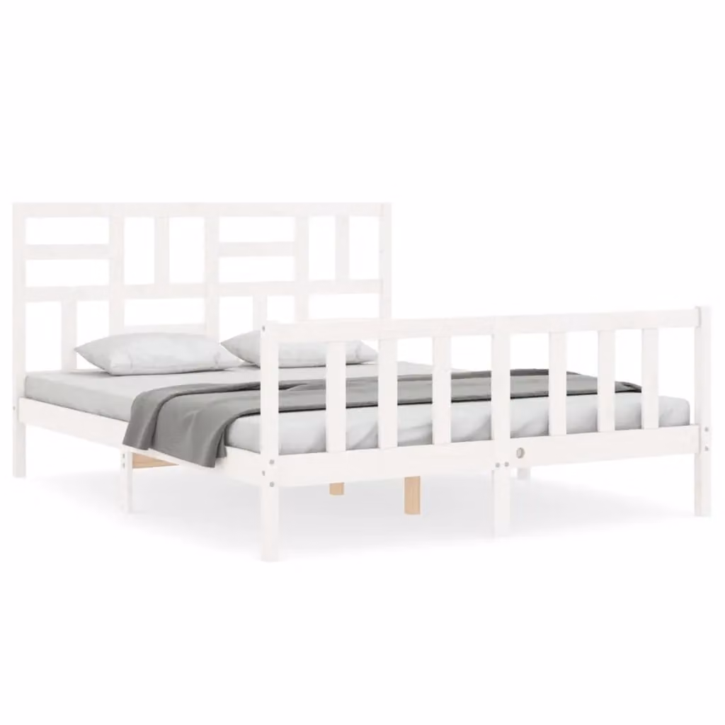 Berkfield Home White Solid Pine Bed Frame with Headboard W/D/H: 160 x 200 cm – 2