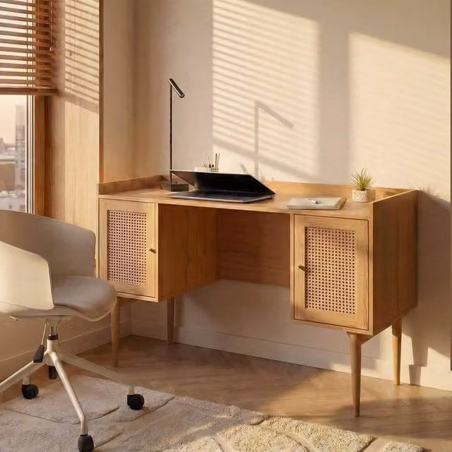 Wyld and Coco Modern Home Office Computer Desk in Light Brown Wood with PE Rattan 2 Door Storage