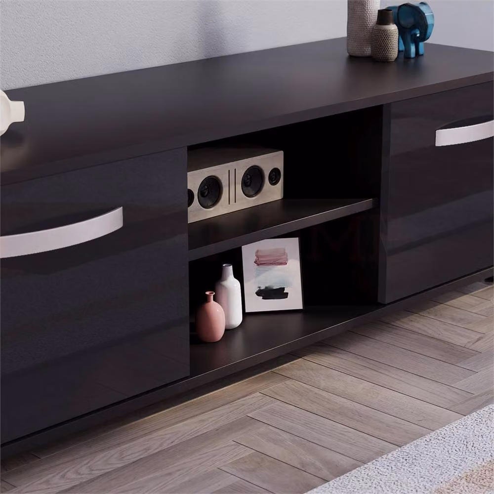 FORGEVIO Cosmo Modern Black Glossy TV Unit Cabinet with Integrated LED Lighting – 3