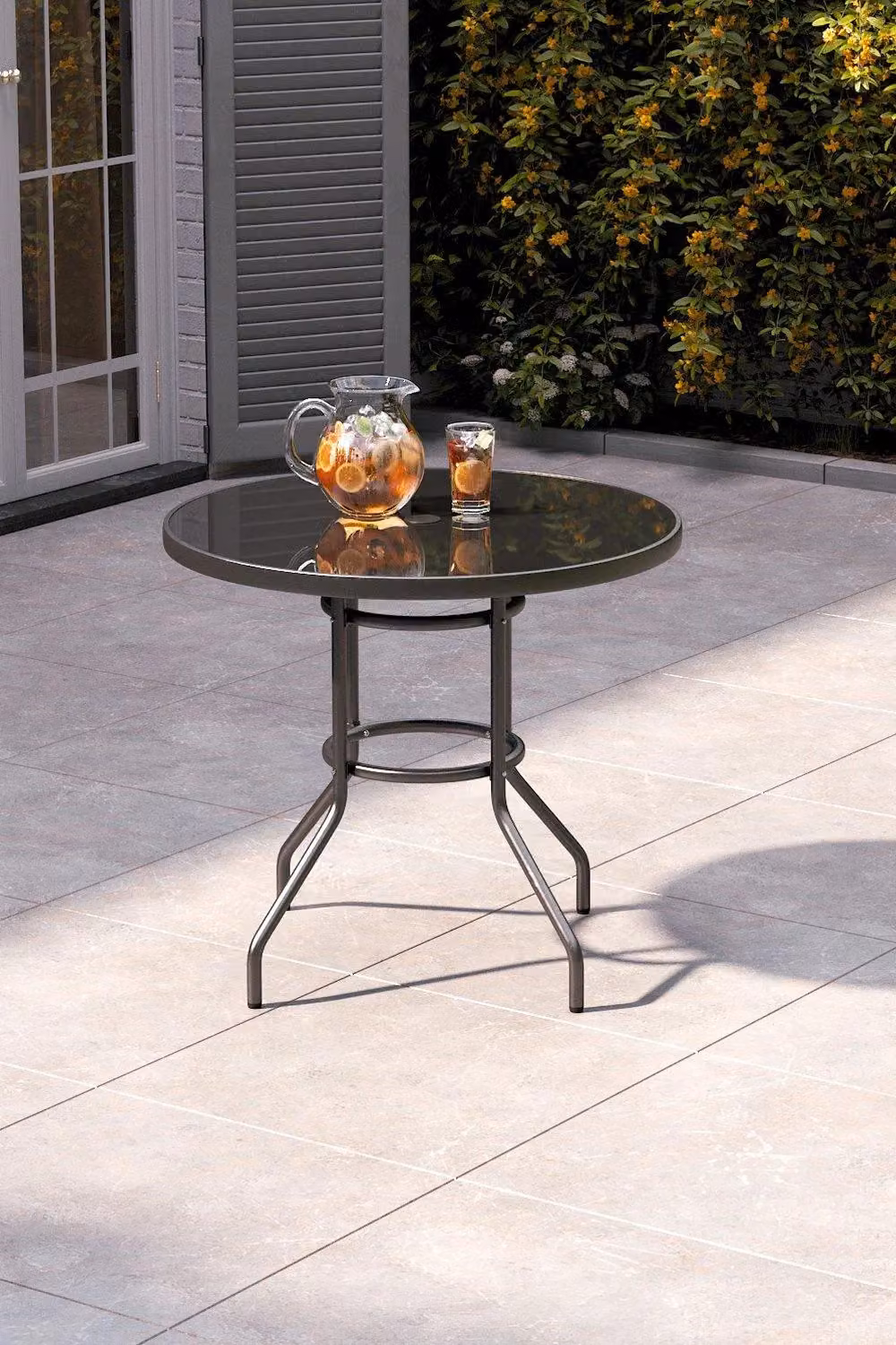 H&O Direct Black Outdoor Garden Table with Tempered Metallic Glass and Parasol Hole – 3
