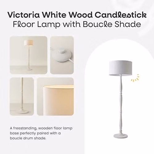 ValueLights Traditional White Wood Candlestick Floor Lamp with Black Fabric Drum Shade and LED Bulb, H 155 cm x W 45 cm x D 45 cm