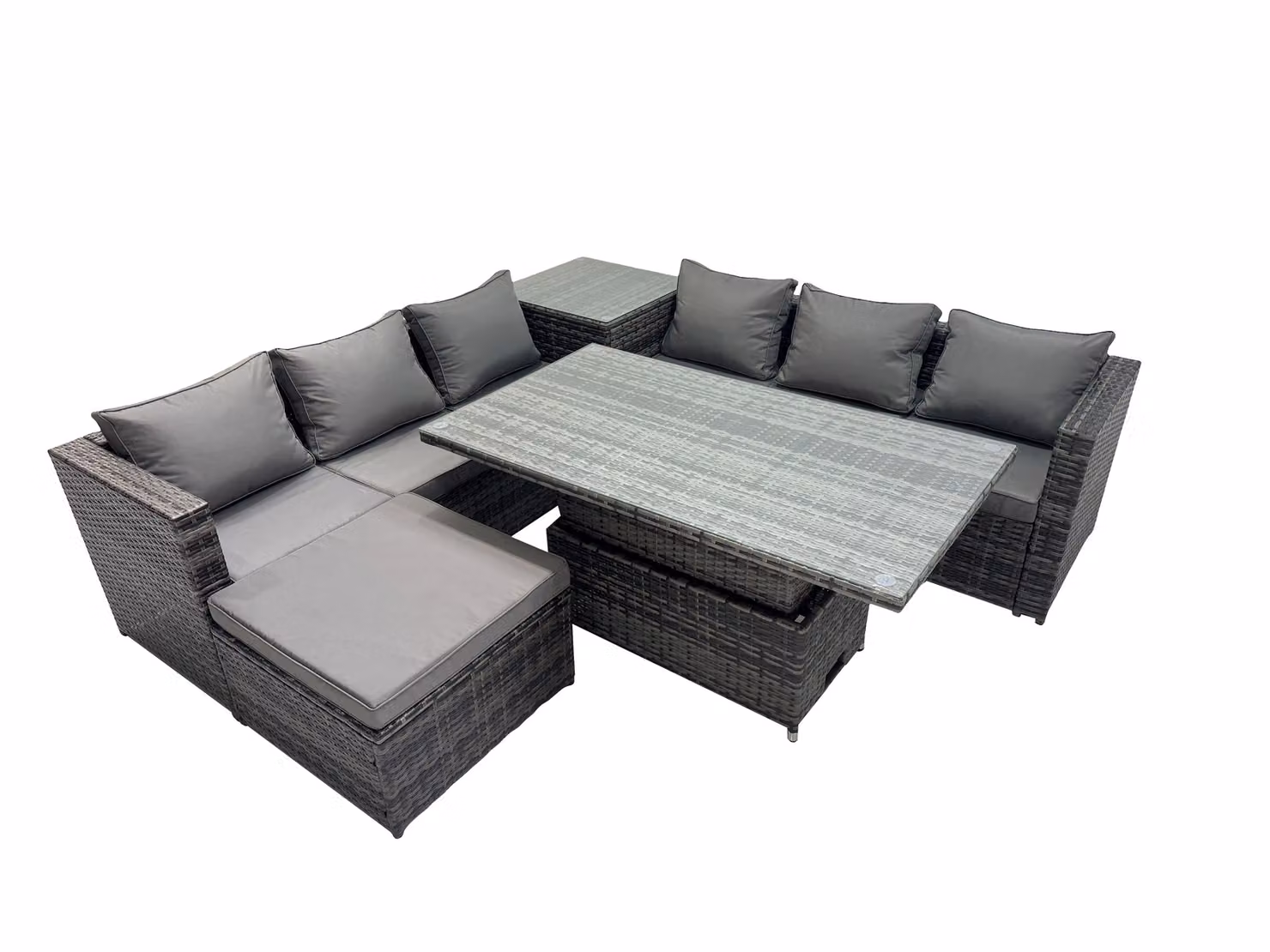 Fimous 7 Seater Outdoor Garden Rattan Furniture Set with Large Stool in Dark Grey – 2