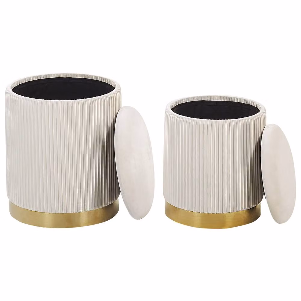 Wyld and Coco Set of 2 White Velvet Storage Pouffes with Gold Metal Bases – 2