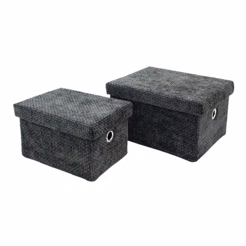 JVL Metro Set of 2 Fabric Rectangular Lidded Storage Baskets with Handles, Black or Grey, W/D/H: 29.0 x 23.0 x 16.0 cm