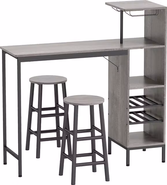 HOMCOM 3 Piece Dining Room Set with 6-Tier Rectangular Table and 2 Round Stools in Natural Wood and Metal Finish – 1