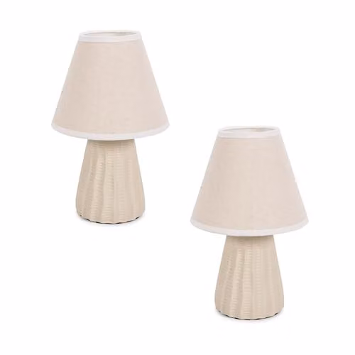 ValueLights Pair of Beige Ceramic Table Lamps with Fabric Shades and LED Bulbs