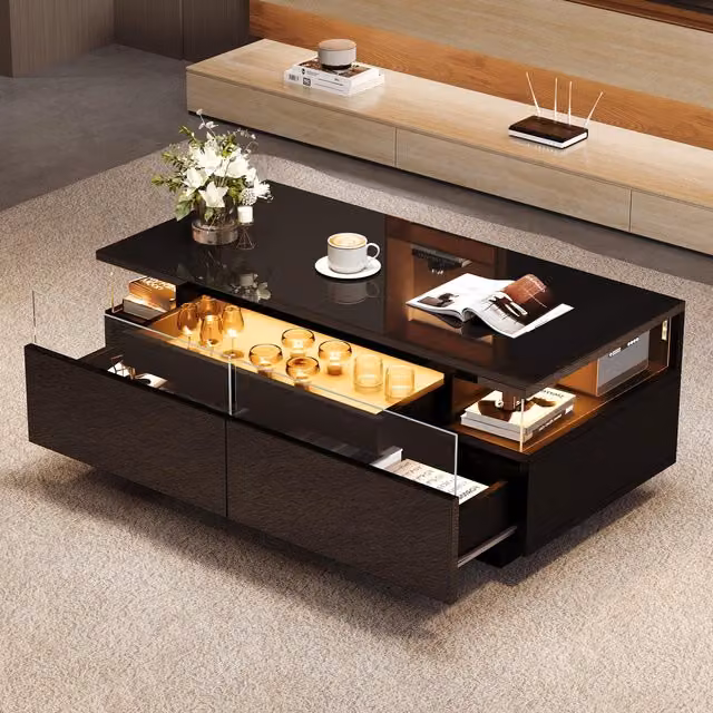 Aosom UK High-Gloss 3-Tier Coffee Table with Removable Tray and App-Controlled LED Lights, Black, W: 90 cm, D: 45 cm, H: 35.5 cm – 1