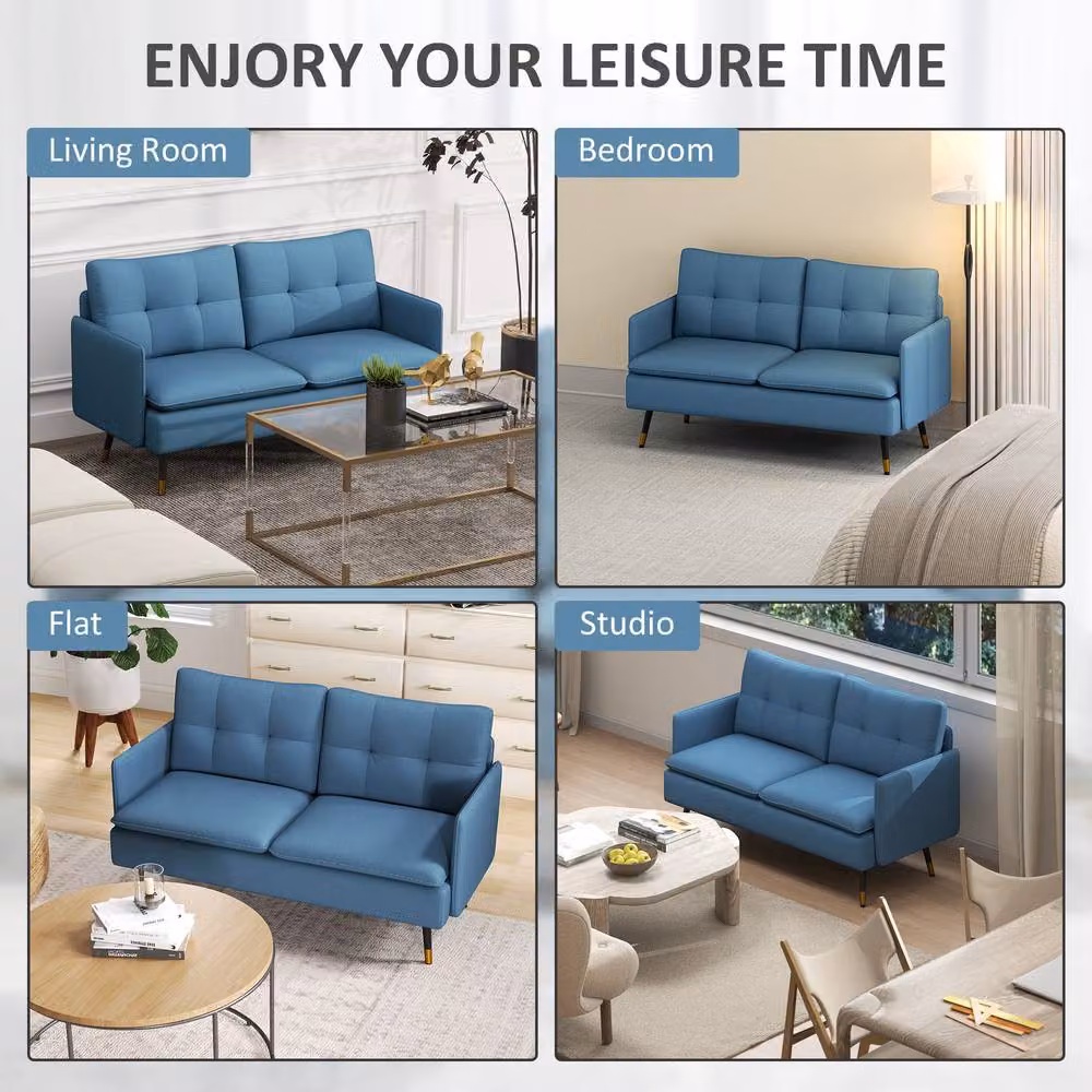 STILVORA 2 Seater Upholstered Fabric Sofa in Blue with Gold Metal Legs – 4