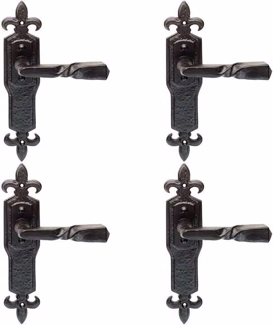 Loops 4 Pairs Forged Twisted Ornate Lever on Latch Backplate, Black Antique, 226 x 50 mm