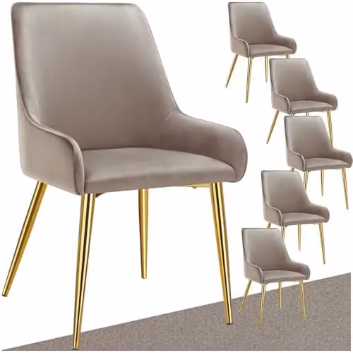 tectake Set of 6 Avane Dining Chairs in Taupe Velvet Fabric with Armrests and Metal Legs – 1