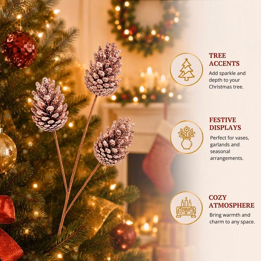 Shatchi 18 Pack Glitter Rose Gold Pine Cone Christmas Picks, 58 cm – 6