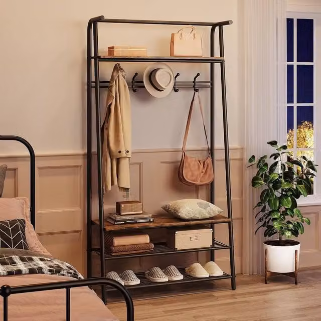 London Boutique 4-in-1 Industrial Hallway Storage Organizer with Shoe Bench and 5 Hooks in Brown and Black – 1