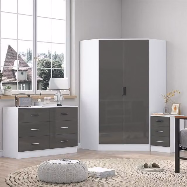 REFLECT Bedroom Furniture Bundle including Corner Wardrobe, Chest of Drawers and 3 Drawer Bedside Table in Grey Gloss and Matt White