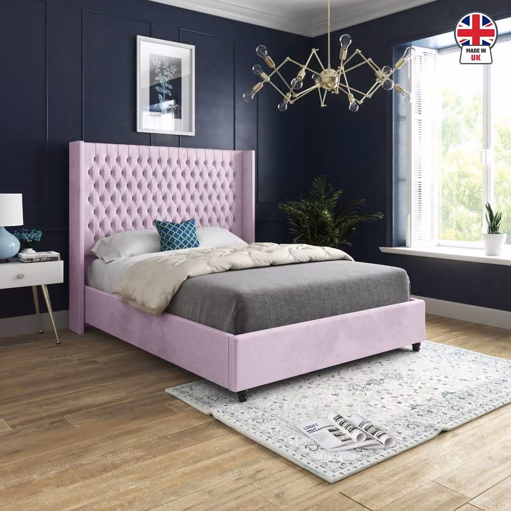 KDMD Welbury Winged Upholstered Designer Bed Frame in Pink Soft Velvet, Size: Double (140 x 200 cm) – 3