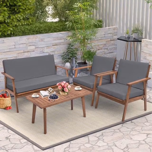 Costway Modern Acacia Wood Patio Furniture Set in Grey