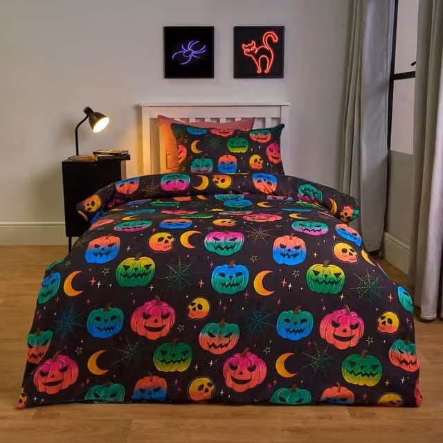 OHS Halloween Kids Duvet Cover and Pillowcase Bedding Set, Black and Grey Graphic Design, 90 x 200 cm
