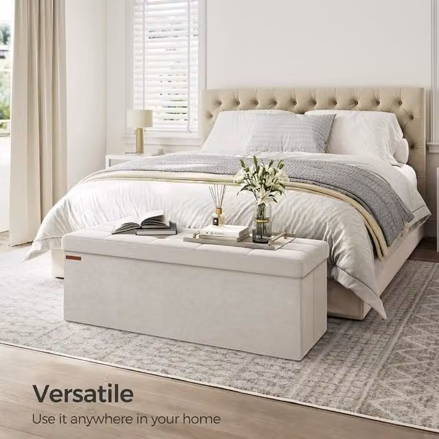 SONGMICS Modern Rectangular Storage Ottoman in White Velvet Fabric