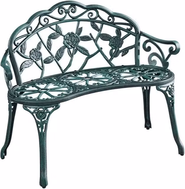KORVIXA Green Cast Aluminium Garden Bench with Floral Design – 1