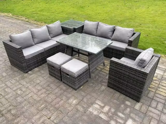 Fimous 9 Seater Rattan Outdoor Garden Dining Set with Table, Armchairs and Side Table in Dark Grey