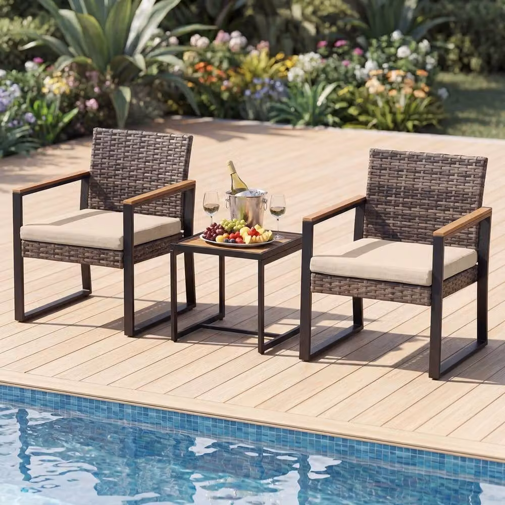 FORGEVIO 3-Piece Grey Polyrattan Patio Furniture Set with Upholstered Cushions and Metal Frame – 4