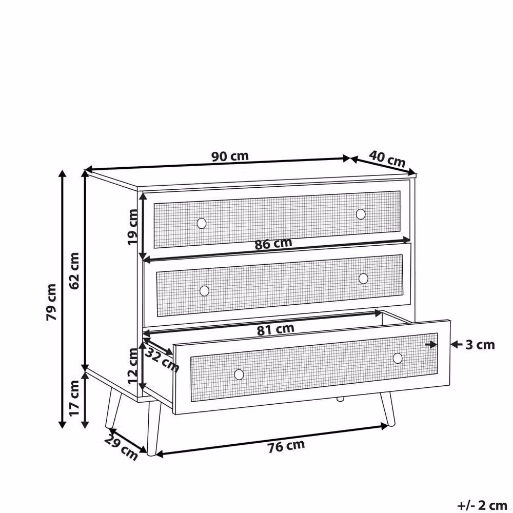 Wyld and Coco Ponca 3-Drawer Chest with Rattan Front and Pine Legs, Light Brown, W/D/H: 90 x 79 cm – 3