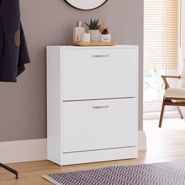 HD Designs Vida Designs Modern White 2 Drawer Shoe Cabinet with Tilting Compartments – 1