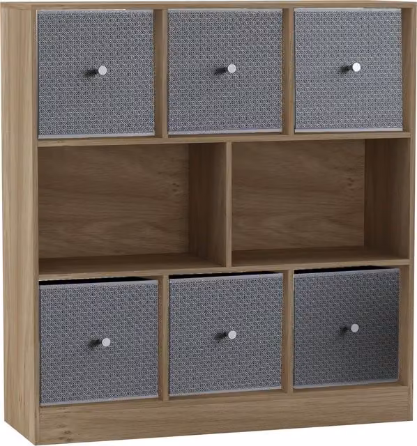 URBNLIVING 8 Oak Cube Bookcase with 6 Light Grey Fabric Storage Drawer Inserts