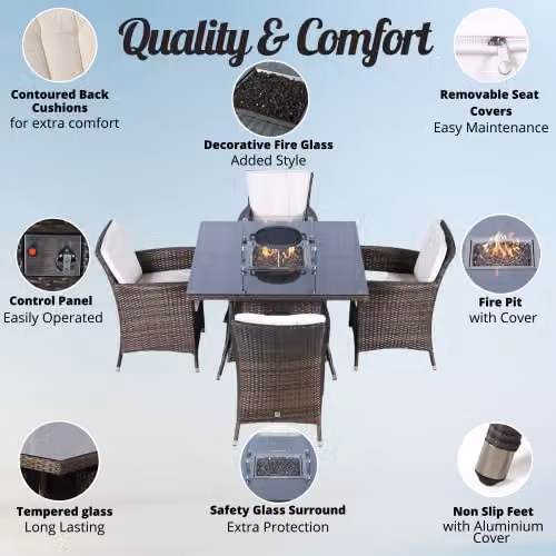 Giardino Savannah 4 Seater Rattan Fire Pit Dining Set in Brown, Square W/D: 110 x 110 cm – 2