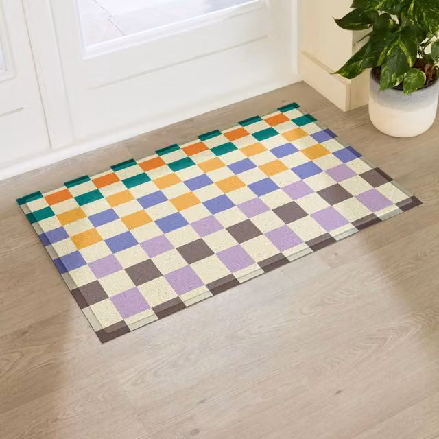Artsy Mats Elizabeth Olwen Check Fade Indoor/Outdoor Doormat in Beige and Multicolour, W/D/H: 90 x 60 cm – 1