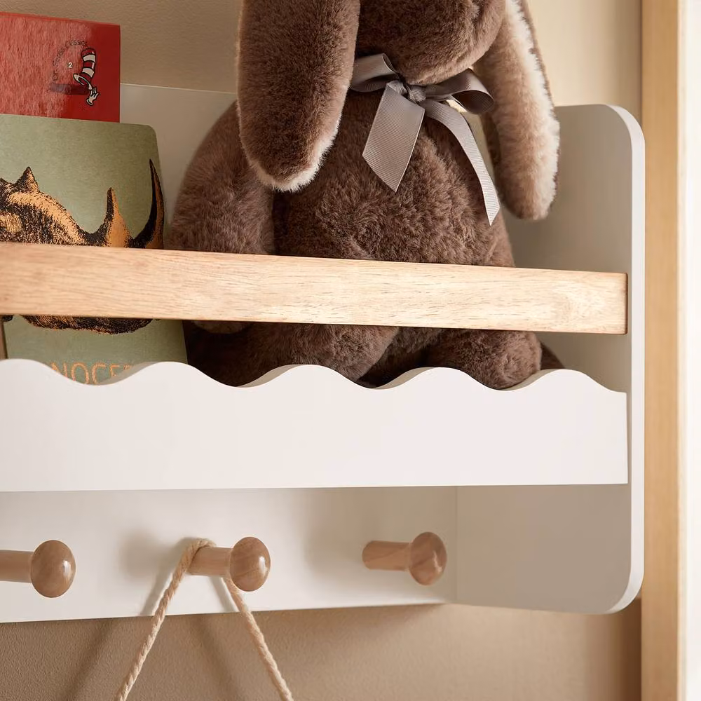SoBuy Scandinavian Wall Mounted Shelf with 5 Hooks in White and Natural Wood – 4