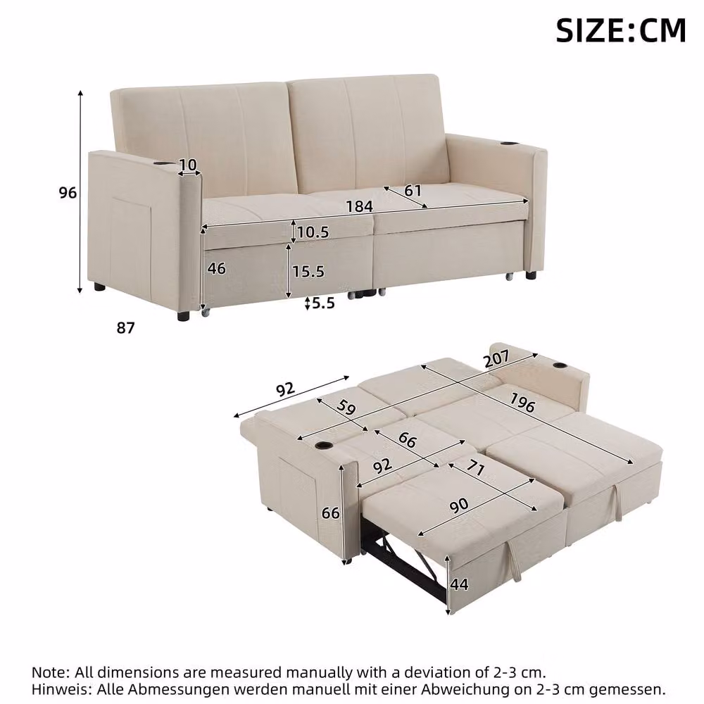 Tokpiedi King Size Convertible Sofa Bed in Beige with Side Storage and Pull Out Drawer – 3