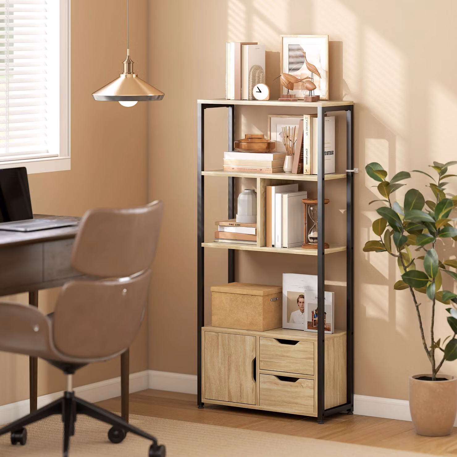 HOMCOM 4-Tier Industrial Bookcase with 1 Cabinet and 2 Drawers in Brown and Black Wood and Metal – 2