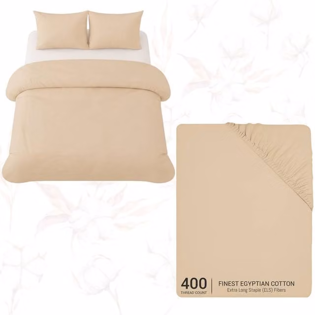 Pamposh 4 Piece Egyptian Cotton Double Duvet Set in Beige with Matching Fitted Sheet and Pillowcases – 1