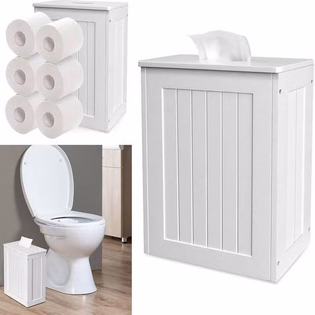 VOGREX Slimline Wooden Bathroom Toilet Roll Storage Cabinet, White, W/D/H: 33 x 17 x 31 cm