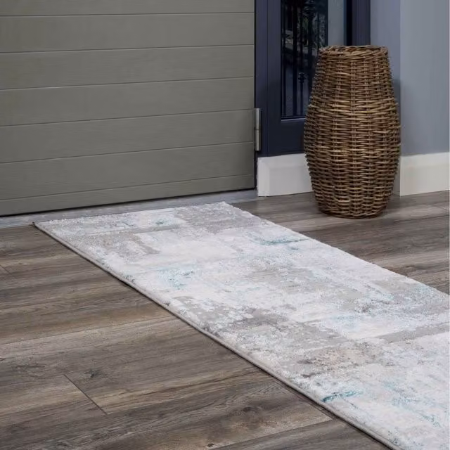 The Rug House Modern Abstract Distressed Area Rug in Silver Grey and Aqua Blue, W: 240 cm, D: 70 cm