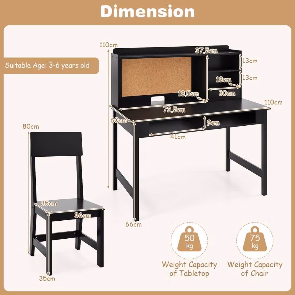 CASART Kids Wooden Study Table and Chair Set with Hutch and Shelves in Black – 3