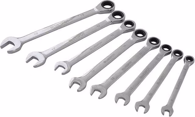 Bluespot Tools 8 Piece Chrome Vanadium Ratchet Spanner Set in Silver