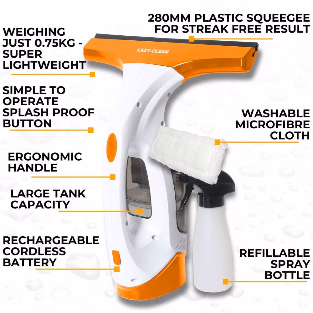 Lazy Tools Lightweight Cordless Window Vac with 280mm Squeegee in White and Orange – 4