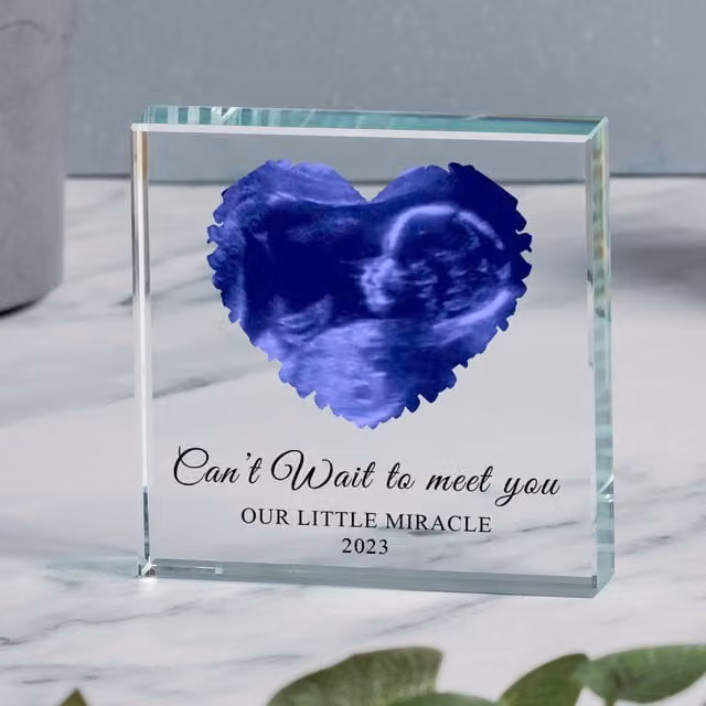 Uniqueful Personalised Heart Baby Scan Glass Token Keepsake in Blue, Pink, Black or Transparent