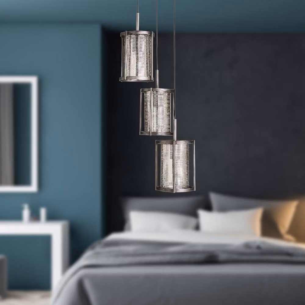 First Choice Lighting Eli Set of 2 Mesh Shade Cluster Pendant Lights, Silver, W/D/H: 39 x 39 x 120 cm – 3
