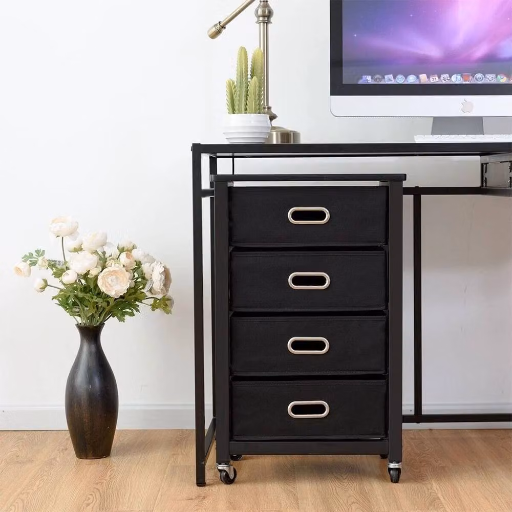 VOGREX 4-Drawer Metal Bedside Cabinet with Castors in Matt Black – 4