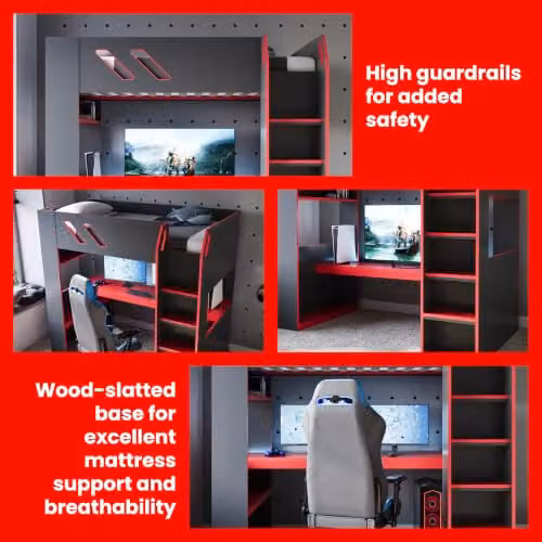 Flair Furnishings Orbit Gaming Bunk Bed with Desk and Under-Bed Lighting in Black and Red – 3