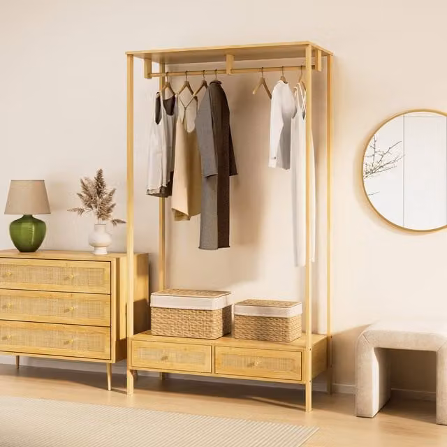 VonHaus Sienna 2 Drawer Rattan Fronted Bedroom Clothes Rail in Brown and Gold