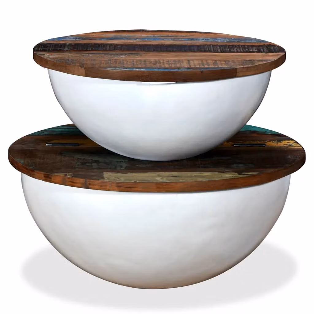 Berkfield Home 2 Piece Solid Reclaimed Wood Coffee Table Set in White with Round Bowl Shape – 3