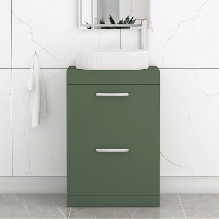 Royal Bathrooms Turin 800mm Floor Standing 2 Drawer Vanity Unit in Matt Green with Lyon Countertop Basin and Matt Black Handles