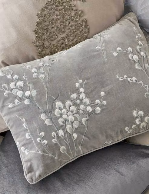 Laura Ashley Pussy Willow Velvet Embroidered Rectangular Cushion in Grey